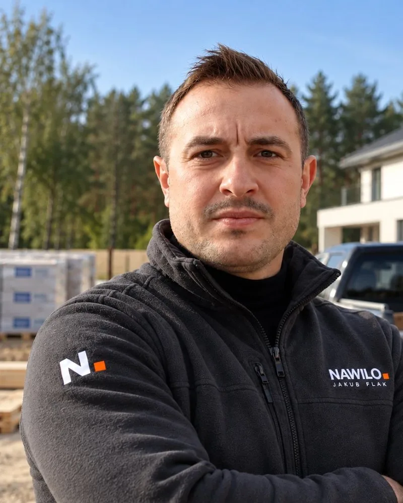 Jakub Flak, właściciel NAWILO, w firmowej kurtce na placu budowy