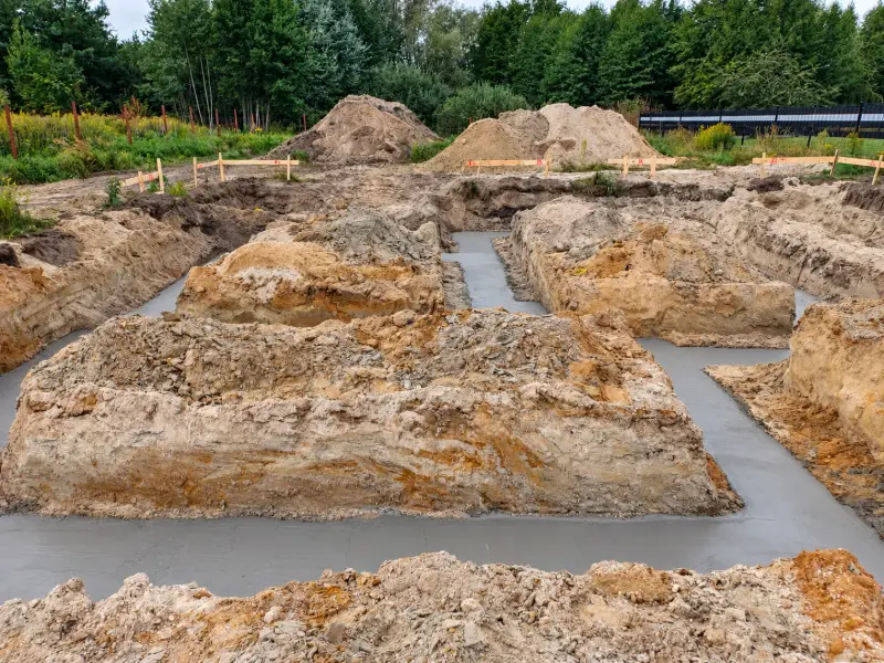 Beton podkładowy wylany na dnie wykopów pod ławy fundamentowe, widok na cały obrys budynku – budowa domu Kordian STO w Grabinie, wrzesień 2026